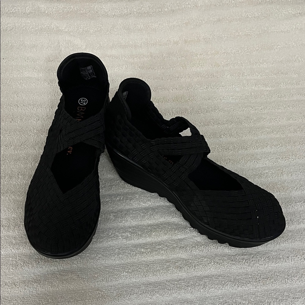 bernie mev. Black Woven Mary Jane Wedge Mules